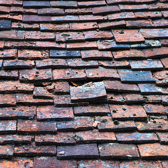 Old weatherworn clay tiles on roof of shed. Surrey. England