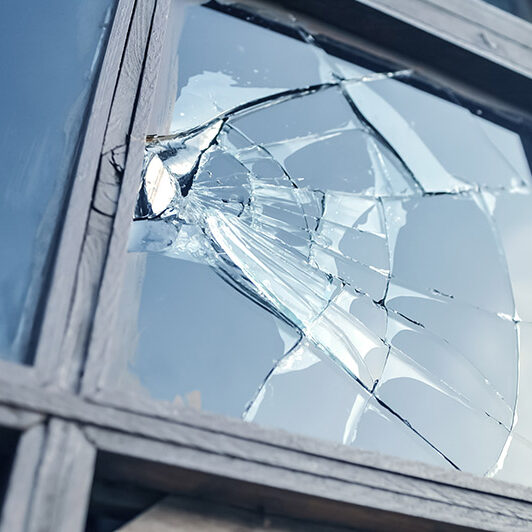 broken glass window reflecting blue sky